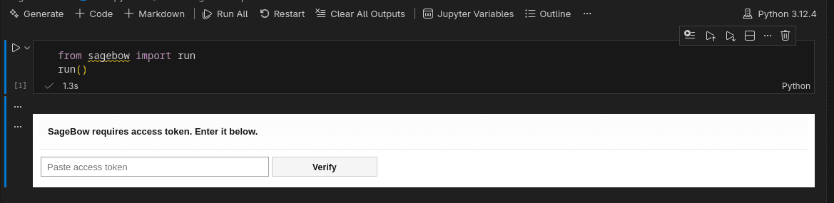 SageBow access token verification UI inside VS Code