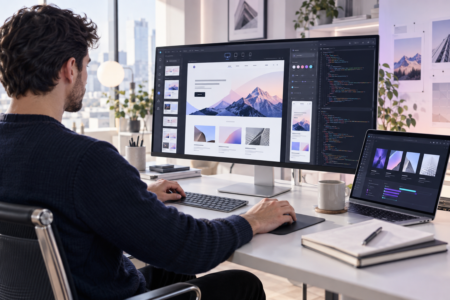 A professional web designer developing a responsive business website in a modern studio